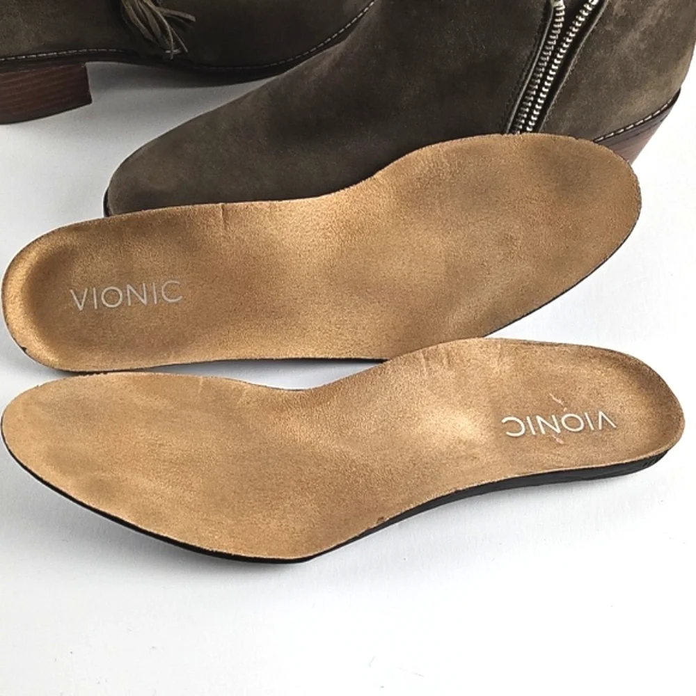 Vionic Joy Serena Taupe Kid Suede Tassel Side Zip Comfort Ankle Bootie